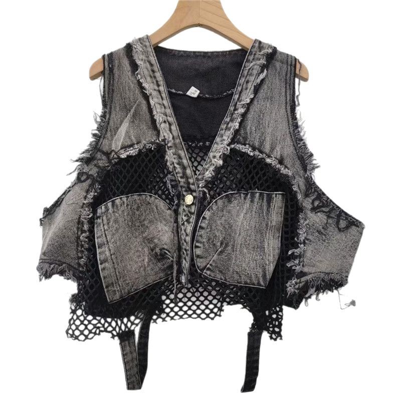 Placa de malla de cuello V chaleco de vaquero de verano de mujeres europeas fritas calles de moda de borde suelto corto sin mangas chaqueta de clip