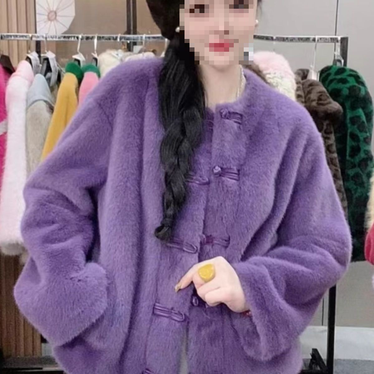 新款中式风盘皮毛一体外套毛毛盘扣国风皮草时尚水貂