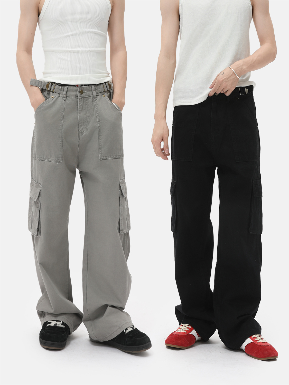 MTLCLOTHES Ropa de hombre | Monos casuales lavados retro Pantalones de pierna recta sueltos de todo fósforo de la calle con múltiples bolsillos