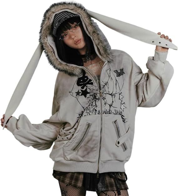 Autumn Winter Season American Street Style Fur Collar Rabbit Ear Zipper Hooded Sweatshirt Jacket Y2K Print Women's Top_voghion.com