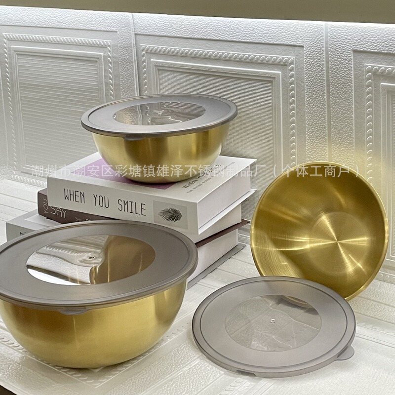 [with Lid] Stainless Steel Salad Bowl Kitchen Baking Egg Cooking Kitchen Household Vegetable Basin Japanese Style