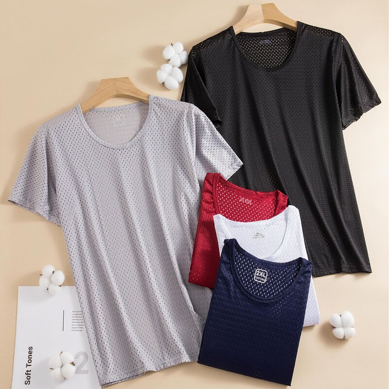 Ice Silk Short-Sleeved T-Shirt Men's Mesh Sports Short T-Shirt Large Size Quick-Drying Cooling Round Neck Half-Sleeved Men's Vest All Cotton Summer Ice Silk Short-Sleeved T-Shirt Men's Mesh Sports Short T-Shirt Large Size Quick-Drying Cooling Round Neck Half-Sleeved Men's Vest All Cotton Summer