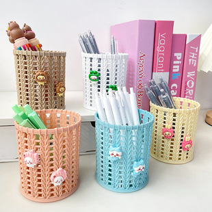 Cute Cartoon Imitation Rattan Pen Holder Creative Round Storage Barrel Student Desktop Stationery Organize Storage Box Ornaments Pen Holder