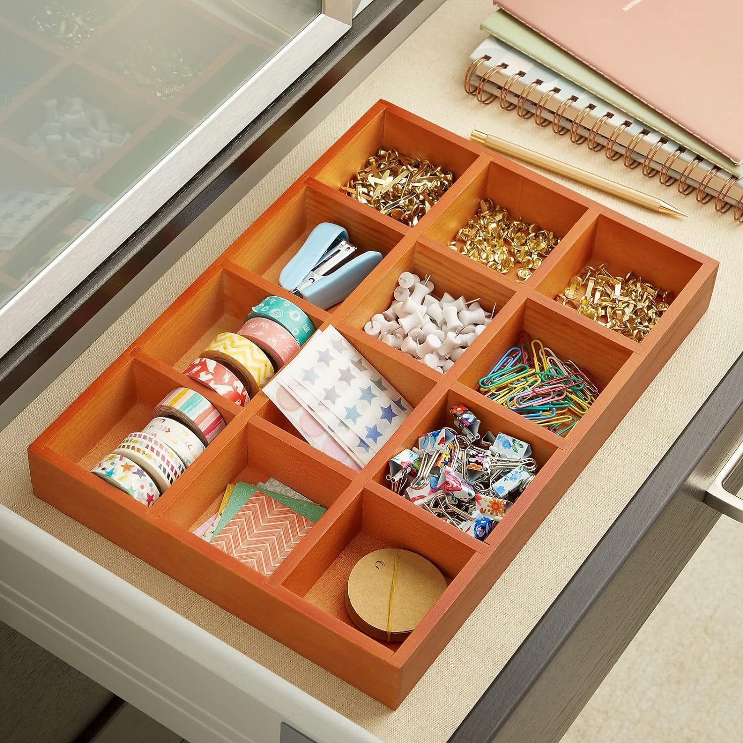 木制抽屉收纳盒可放置艺术和工艺品用品文具小物品 网格分类托盘