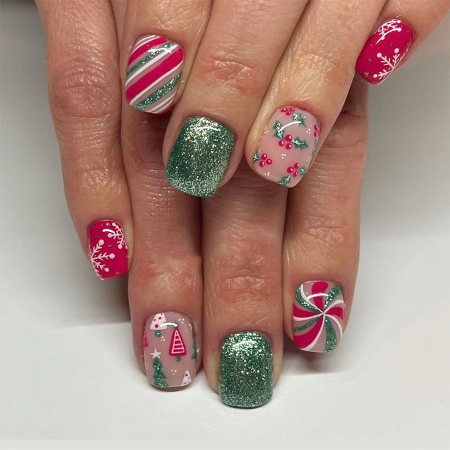 Armatura quadrata glitterata corta 2024 Nuovo albero di Natale con fiocco di neve a strisce rosse con polvere glitterata verde 24 pezzi_voghion.com