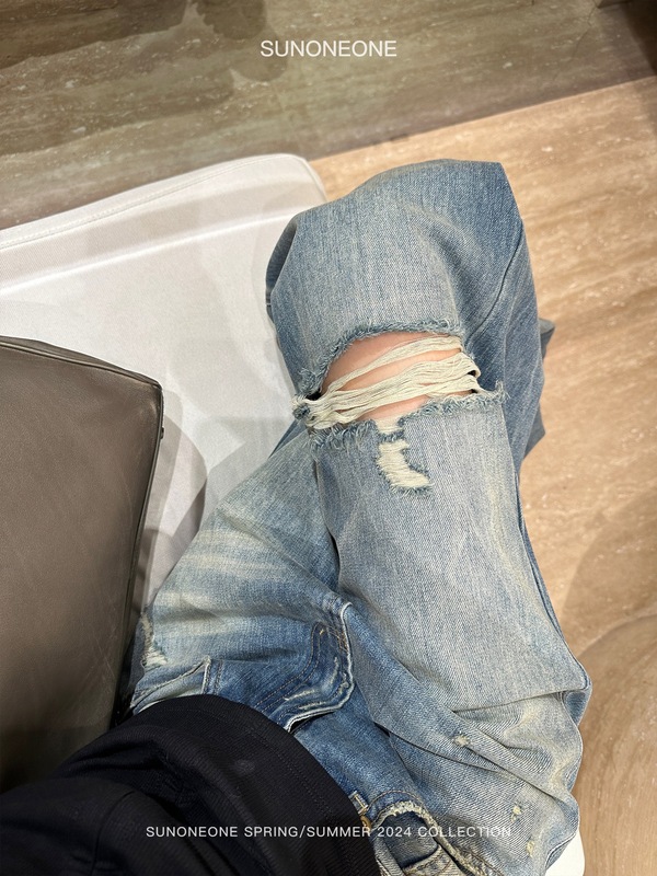 SUNONEONE 磨白破洞牛仔裤女秋新款薄款美式直筒宽松阔腿休闲长裤|undefined