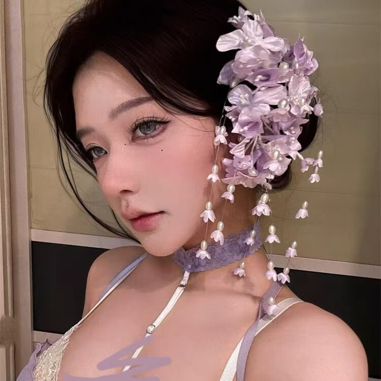 スーパーフェアリーパープルスズランの花タッセルヘアピン女性の頭飾り新中国風の古代スタイルのレトロなヘアピンサイドクリップヘアアクセサリー|undefined