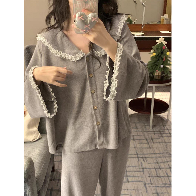 レースガーリースタイルフレンチパジャマ女性のための春と秋の新しいネットレッド無地カーディガン甘いホームウェアセット|undefined