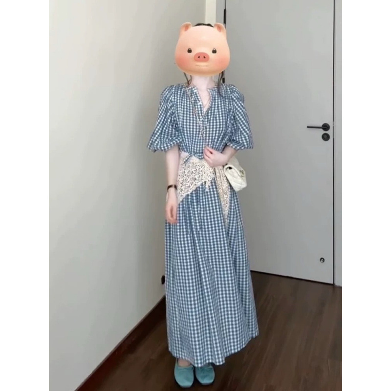 EVNSTYLE「聖島ブルーウィンドウ」春新作ミドル丈9分袖ゆったりブルーチェック柄ワンピース女性用|undefined