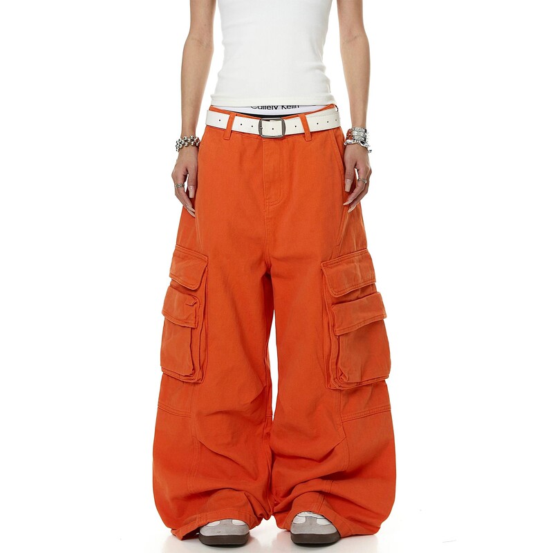 American-style deconstructed multi-pocket design orange work pants, new dopamine-inspired loose straight wide-leg pants for men and women