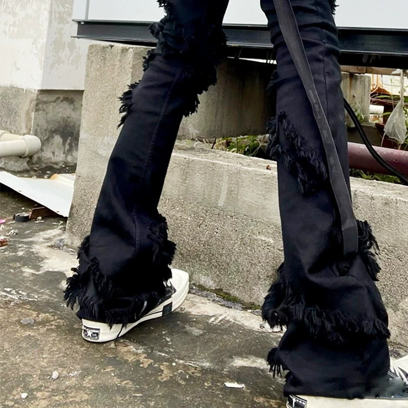 Ro Style High Street Dark Double-Layered Big Destruction Fur Edge Slim Fit Elastic Leg-Lengthening Black Denim Pants for Men and Women