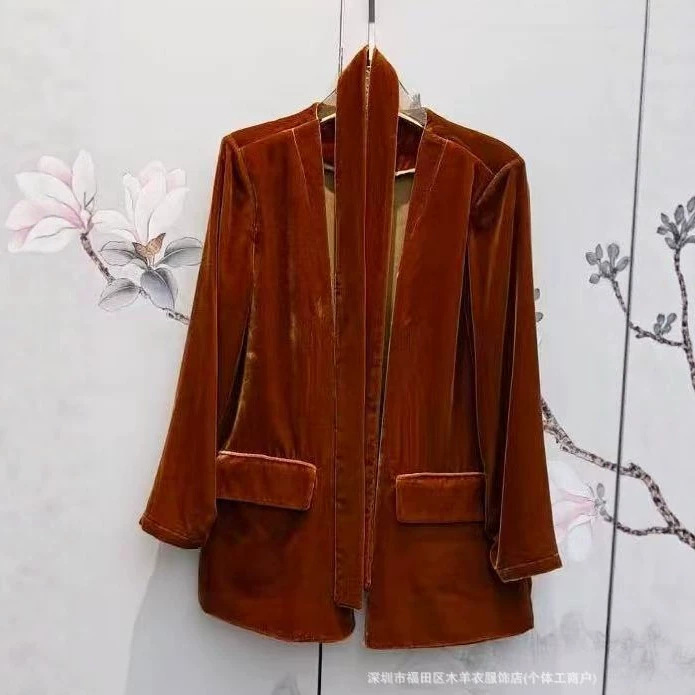 Old Money Style Silk Velvet Buttonless Cardigan Blazer for Women, Autumn Thin Loose Fit Slimming Commute Elegant Top Old Money Style Silk Velvet Buttonless Cardigan Blazer for Women, Autumn Thin Loose Fit Slimming Commute Elegant Top
