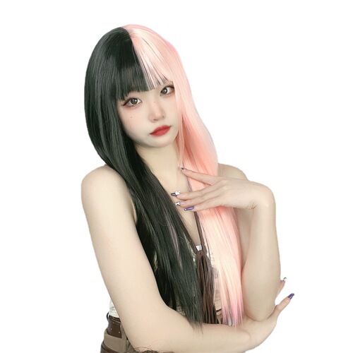 Kuaishou supply wig female air bangs long straight hair black pink color combination yin and yang color wig full headgear factory direct sale