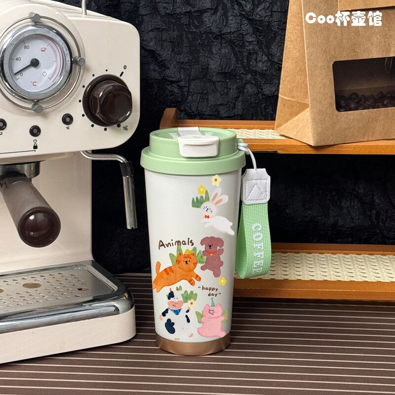 新しいダブルドリンク魔法瓶カップ韓国風シンプルでポータブルな女の子大容量韓国風日本カップ蓋付きインかわいい|undefined