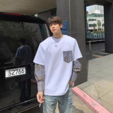 小众复古格子拼接假两件长袖T恤男春秋季宽松垫肩设计感外套潮流