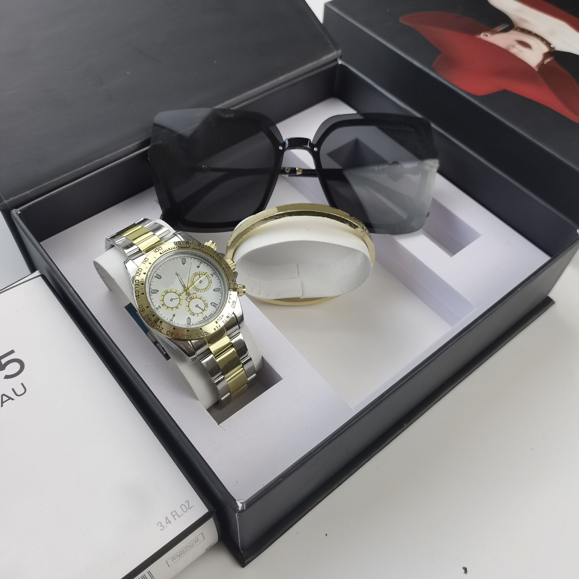 Sunglasses set gold and white three-eyed steel