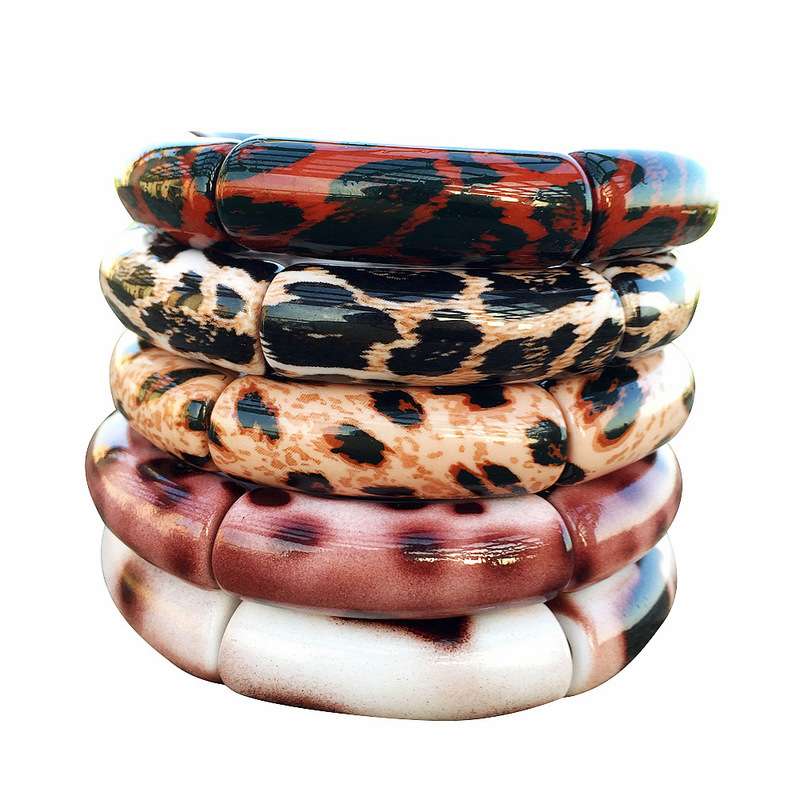 Cross-border European and American Retro Leopard Series Elastic Bend Bracelet Acrylic Ethnic Style Simple Cuff Bead String Bracelet