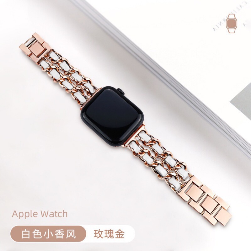 Suitable for Apple Watch iwatch8 Generation 7654321 New Leather Rope Chanel Style Double Row Denim Chain Metal