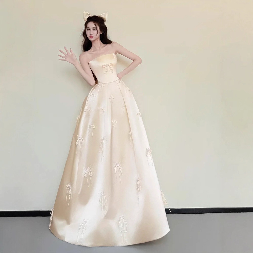 Champagne-Colored Bow Design Engagement Evening Dress Strapless Fairy Bride Robe High-End Simple Elegant Gown