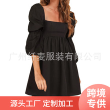 跨境外贸2022女式方领连衣裙长泡泡袖A字休闲短款迷你热销收腰