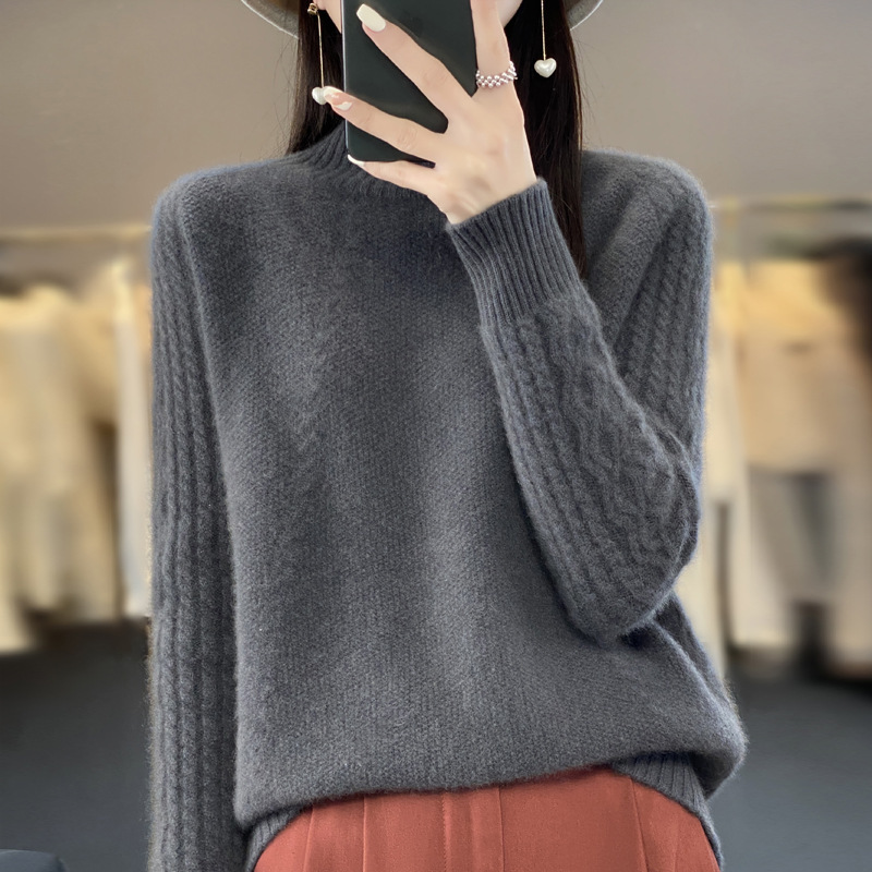 100% pure woolen sweater, half high neck, red sweater, autumn and winter, thickened and loose, lazy style pullover, bottom knit sweater for women