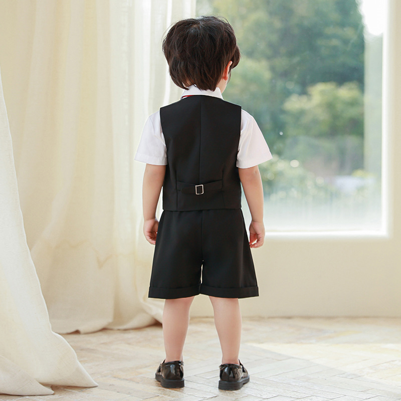 Traje de niño, chaleco, traje de manga corta, traje de actuación de estilo británico de verano, vestido de cumpleaños de bebé, niña de las flores