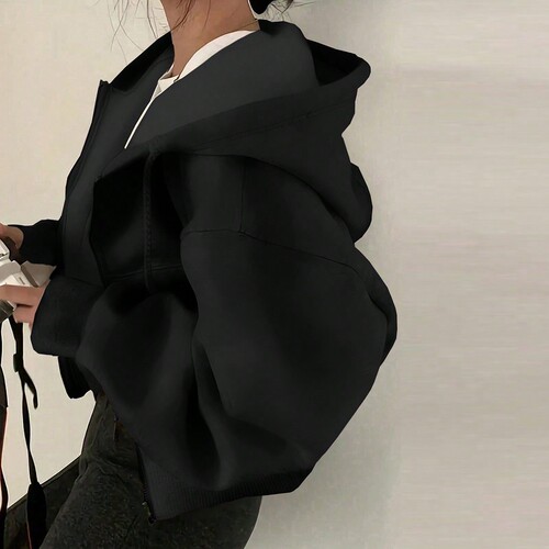Spring Minimalist Elegant Drawstring Hooded Design Loose Long-Sleeve Sweatshirt Open Outerwear