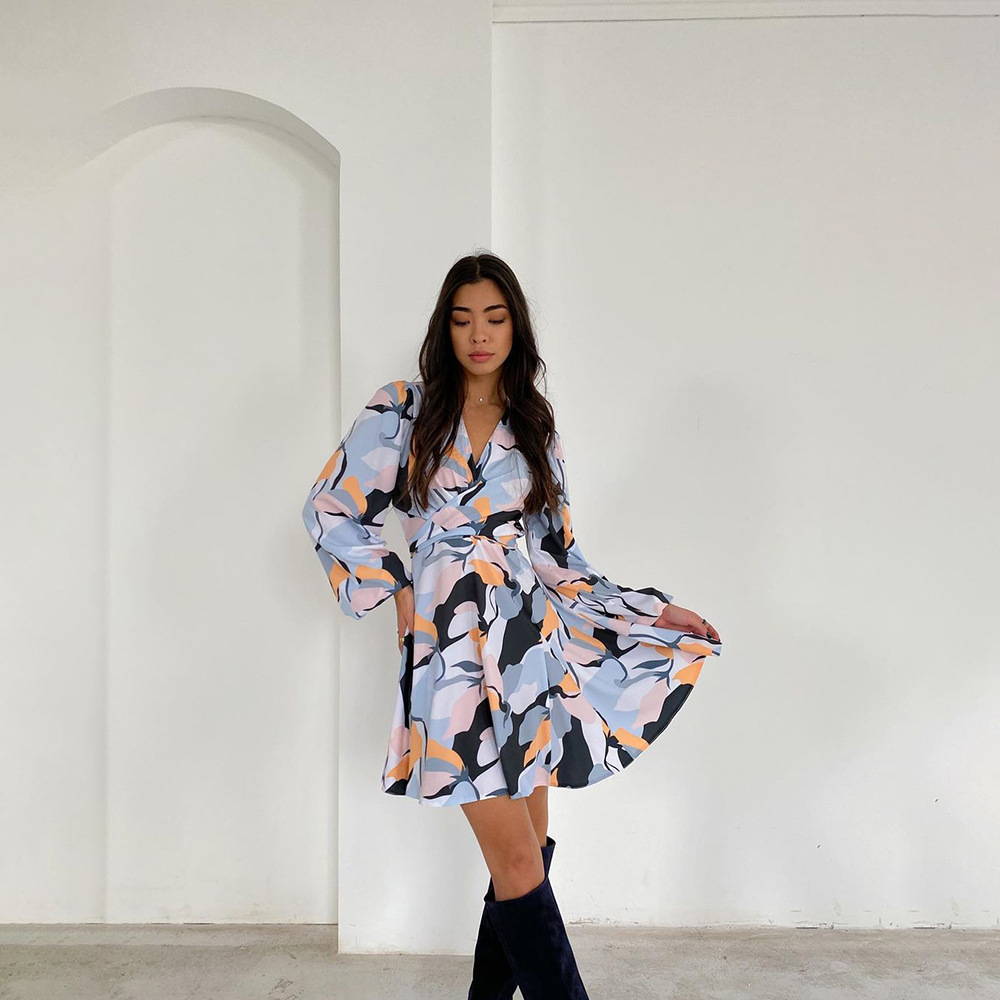 Print Long Sleeve Casual V Neck Dress NSKX109215