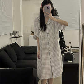 婴儿棉卡通小狗灰蓝格子100%纯棉睡裙家居服