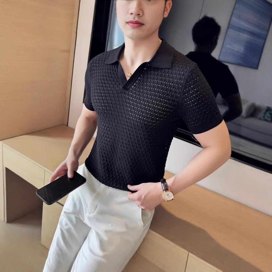 2025 camiseta cocida ligera de punto hueco transfronterizo, camiseta de manga corta delgada de verano con cuello redondo, camiseta de moda
