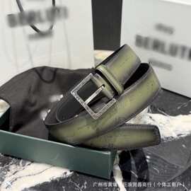 欧美西部风格皮带男士奢侈品高级潮流针扣式绿色渐变宽腰带3.8CM