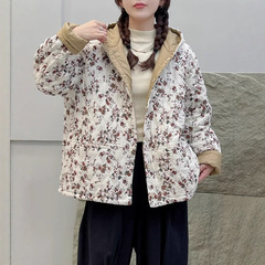 日系碎花绗棉两面穿连帽棉衣森女系夹棉加厚宽松保暖棉服棉袄外套