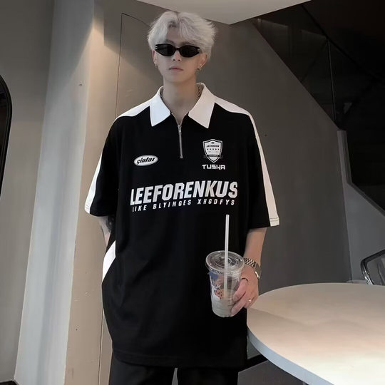 Polo Shirt Short-sleeved T-shirt Men's Summer New American Style Retro Street Loose Stitching Color Contrast Lag Half-sleeved T-shirt
