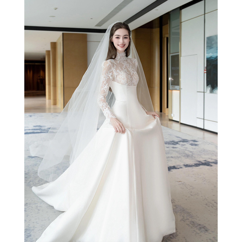 Light Wedding Dress, New Style, Simple High-Neck Lace Long-Sleeved Satin Wedding Dress, Fluffy Bride, Large Tail Main Wedding Dress, Super Fairy