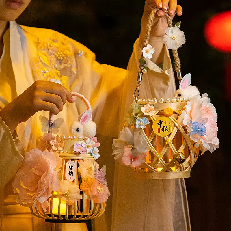 中秋节灯笼藤编古风手提花灯diy材料兔子灯汉服道具节日氛围布置