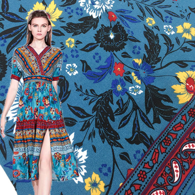 Nueva moda 120gsm 45s rayon hawaiano impresión tela rayon plana 100% pegajosa
