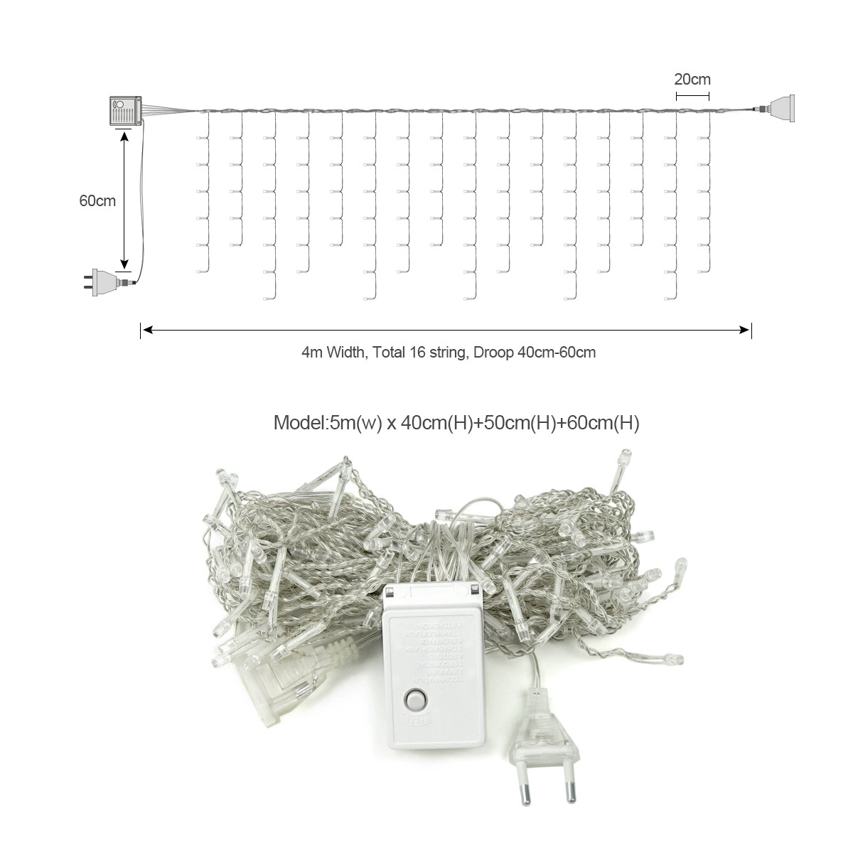 LED сосульчатая гирлянда, 5 м × 0,4 м, 96 светодиодов, AC110/220В, теплый белый или мультицвет