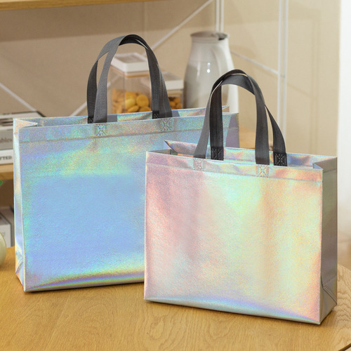 Colorful laser non-woven handbag with printed logo, trendy brand packaging bag, women's shoe store shopping gift bag
