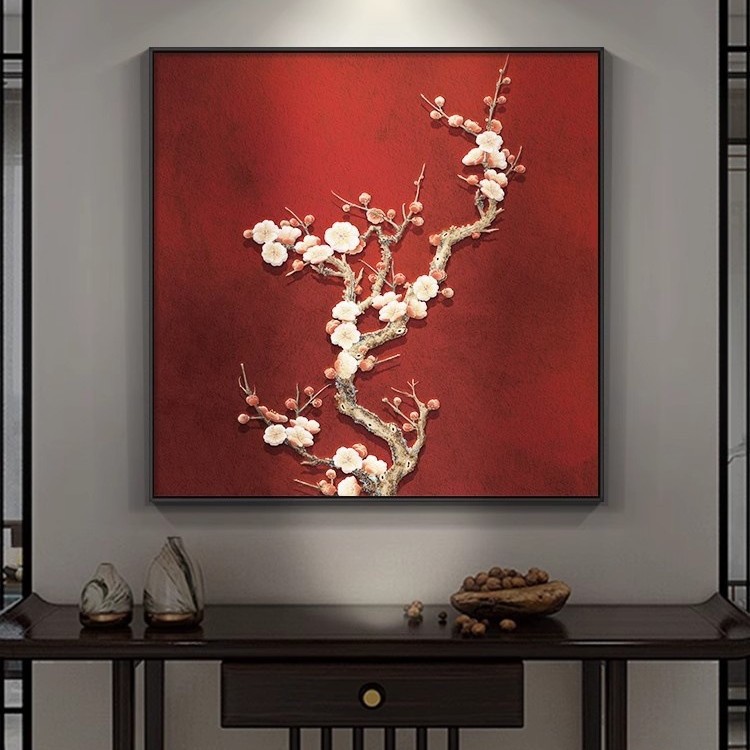 新中式客厅装饰画红色花鸟茶室书房中国风背景墙玄关壁画方形挂画
