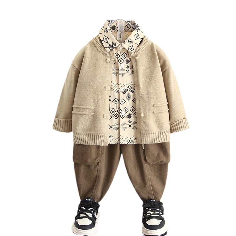 5949 traje de suéter para niños 2025 otoño nuevo estilo rebeca de otoño para niños de tres piezas bebé primavera y otoño nuevo estilo chino