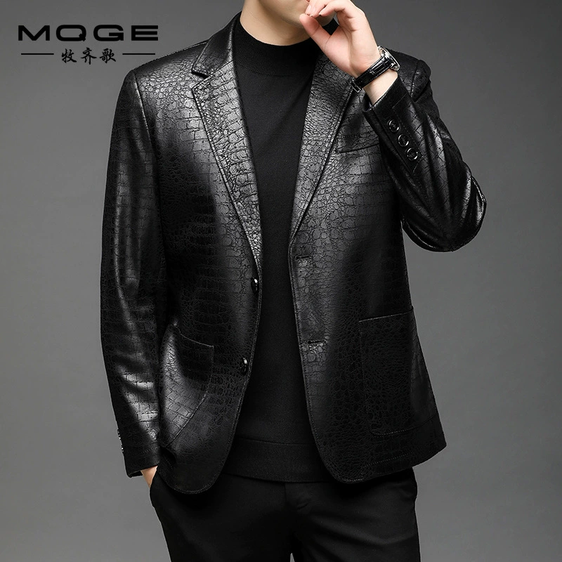 Кожаный пиджак для мужчин, осенне-зимний, из мягкой кожи, деловой повседневный стиль, на двух пуговицах, кожаный пиджак для молодых мужчин, универсальный, легкий деловой стиль.