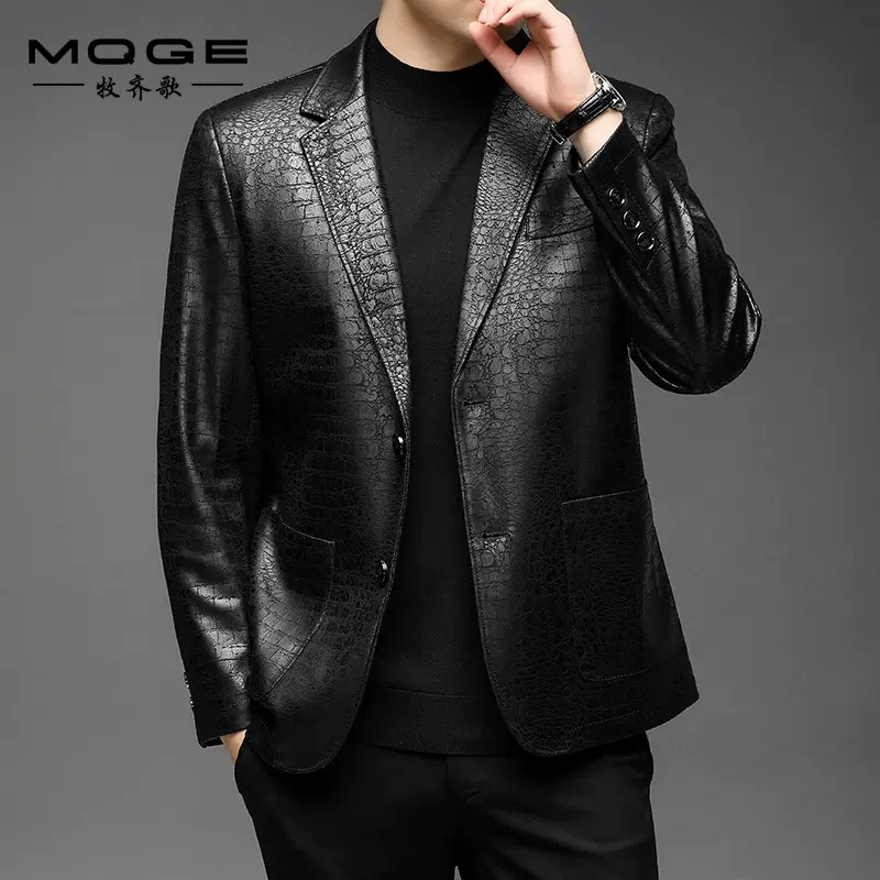 皮衣男秋冬男装软皮西服商务休闲两粒扣青年皮西服外套百搭轻商务