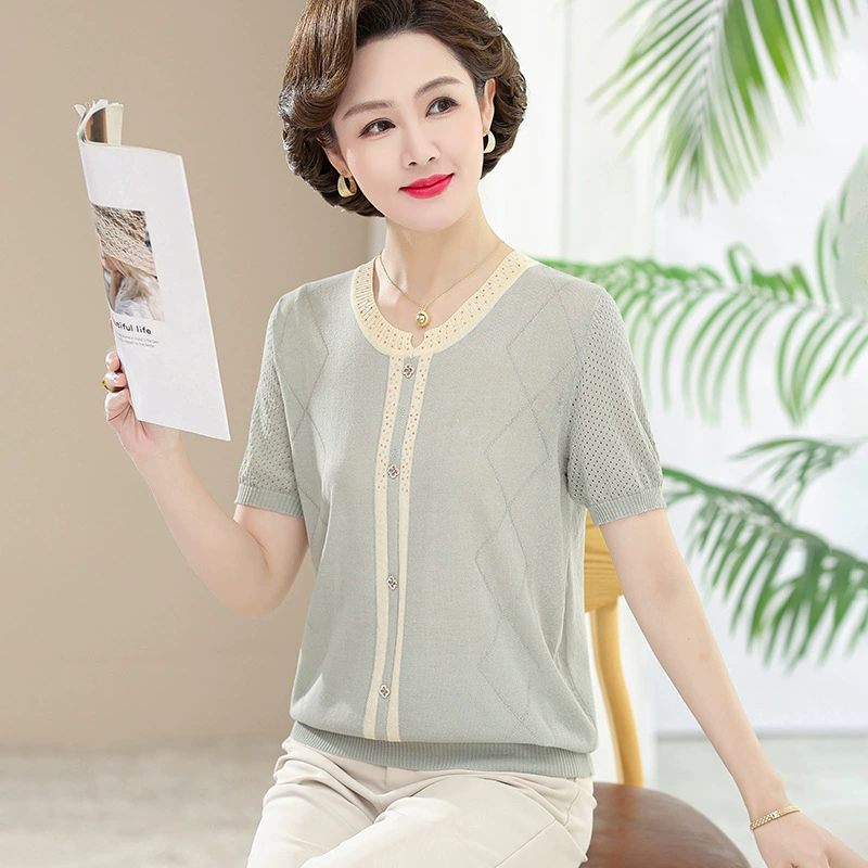 Летняя мама с круглым вырезом из ледяного шелка с короткими рукавами