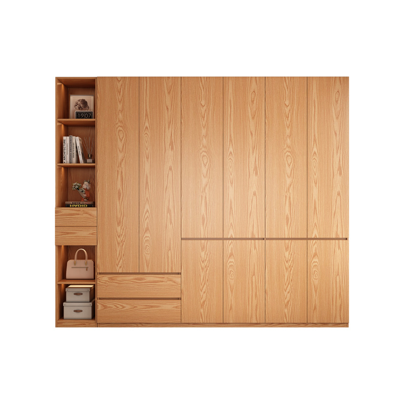 Wardrobe for Home Use in the Bedroom, Solid Wood Cabinet in Natural Wood Color, Double-Door Segmented Storage Wardrobe, Multi-Layer Solid Wood Storage Cabinet