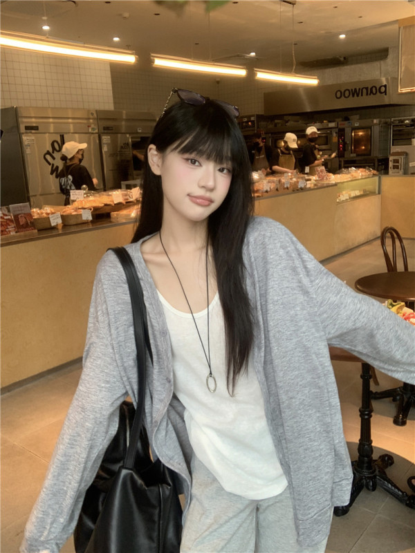 休闲运动套装灰色开衫外套V领T恤上衣女秋季灰色长裤微喇裤三件套|undefined