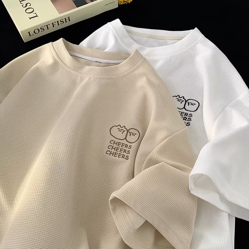 Waffle short sleeve T-shirt men's summer Korean fashion brand loose half sleeve top clothes American design couple T-shirt Waffle short sleeve T-shirt men's summer Korean fashion brand loose half sleeve top clothes American design couple T-shirt