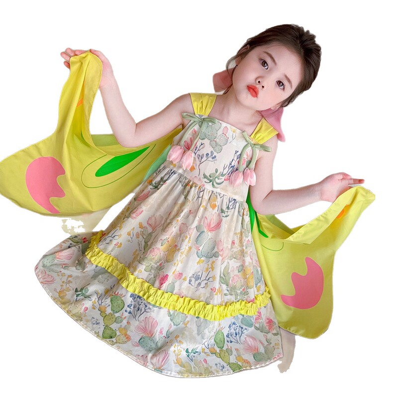 子供服女の子牧歌的なスタイルプリンセスベストドレス子供のファッショナブルな女の赤ちゃんサスペンダースカート蝶の羽のドレス|undefined