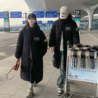 黑色过膝长款羽绒棉服女冬季2024新款韩版男女连帽面包服情侣棉袄