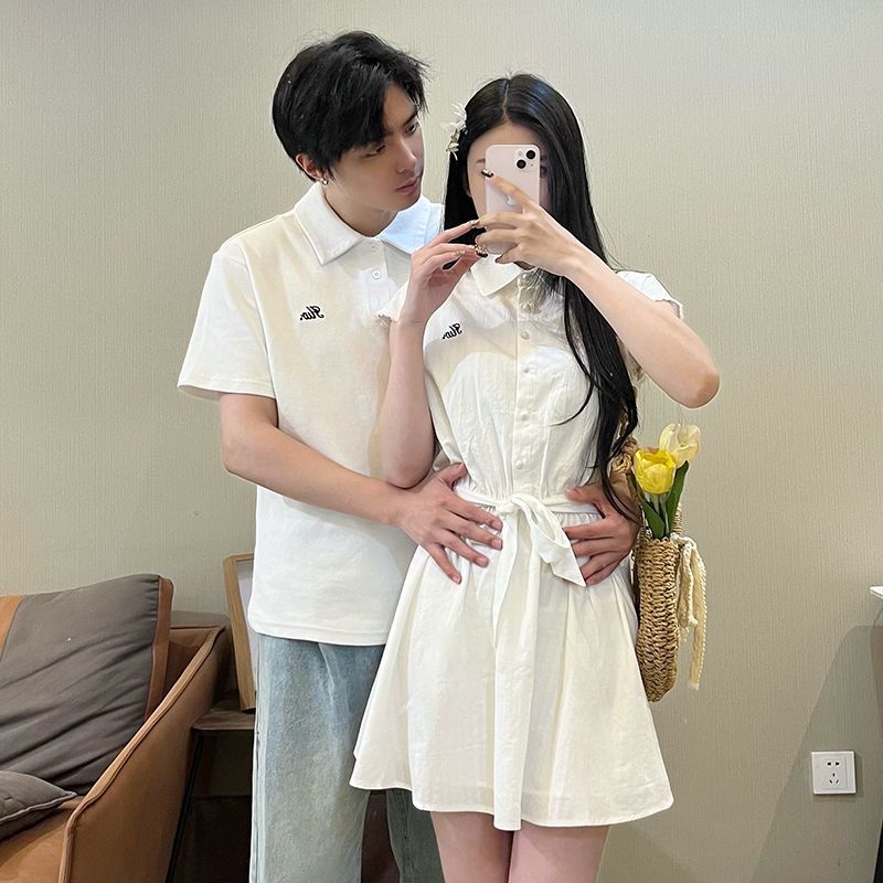 法式情侣装一裙一衣夏季2025新款小众设计感Polo显瘦衬衫连衣裙潮