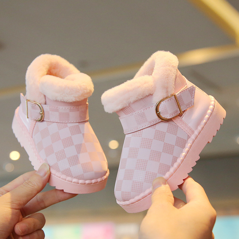 Trendy Girls' Versatile Chessboard Checkered Cotton Boots Winter New Boys' PU Waterproof Snow Boots Children's Plush_voghion.com